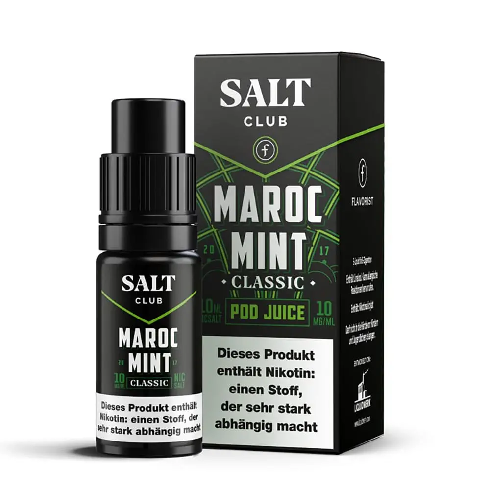 Flavorist Salt Club Nikotinsalz - Maroc Mint Classic 10mg Pod Juice Flasche und Verpackung, enthält Nikotin und Warnhinweis.