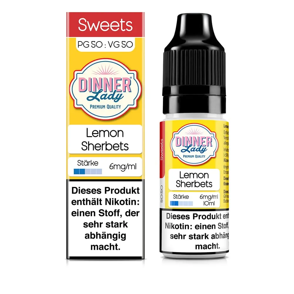 Dinner Lady Liquid Lemon Sherbets 6mg: gelbe Verpackung und Flasche mit Nikotinwarnung, stark abhängig machend, 10ml, PG 50: VG 50.