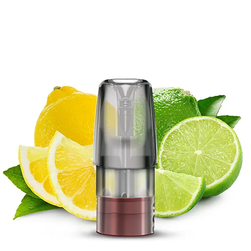 Elfbar Mate 500 P1 Pod vor Zitronen- und Limettenscheiben platziert, mit klarer Abdeckung und dunklem Sockel, Lemon & Lime 20mg Duft.