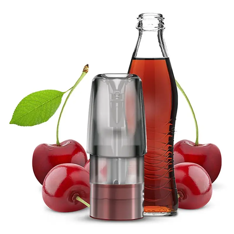Elfbar Mate 500 P1 Pod, dahinter Kirschen und eine Flasche mit braunem Getränk, symbolisierend Cherry Cola 20mg Geschmack