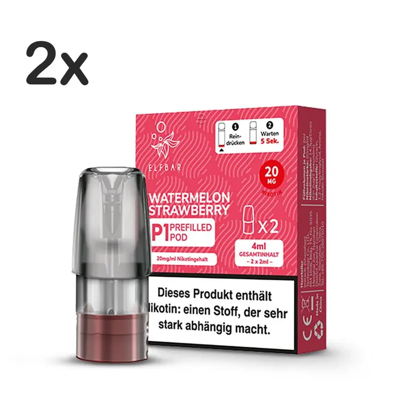 Elfbar Mate 500 P1 Pods Watermelon Strawberry 20mg, zwei P1 Prefilled Pods mit 4ml Inhalt, Nikotinhinweis, rote Verpackung.