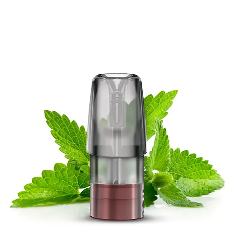 Elfbar Mate 500 P1 Pod in Grau und Rot vor grünen Minzblättern, transparentes Gehäuse mit sichtbarem Innenleben