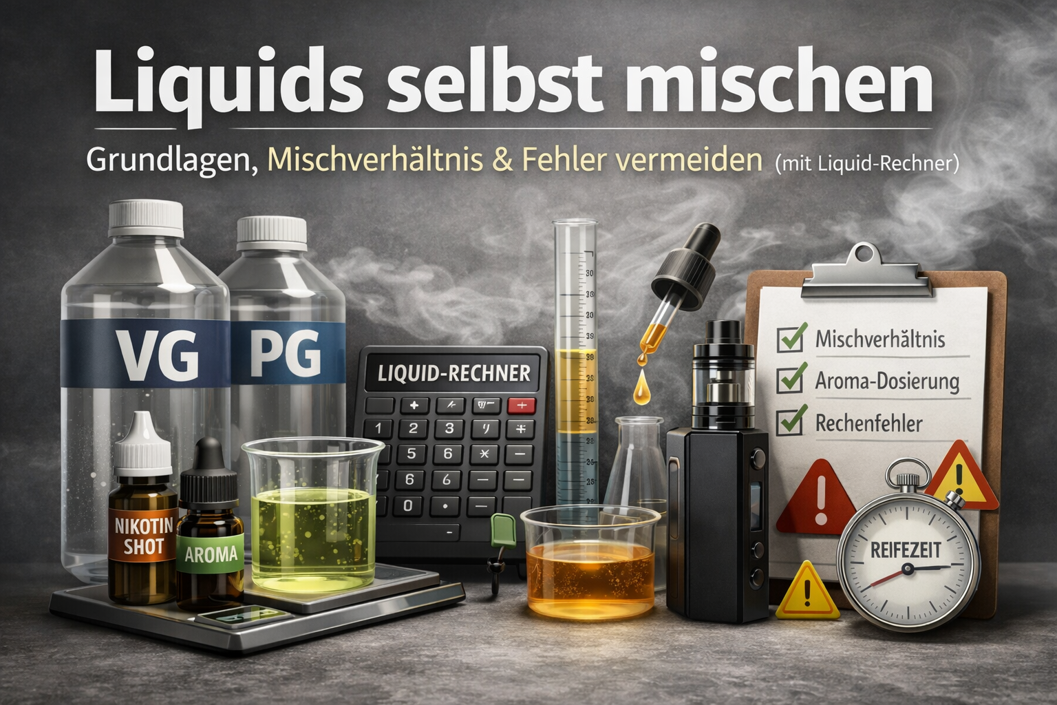 Verschiedene Liquids und Zubehör wie VG und PG Flaschen, Nikotin-Shot, Aroma, Messbecher, Pipette, Liquid-Rechner, Stoppuhr und Checkliste.