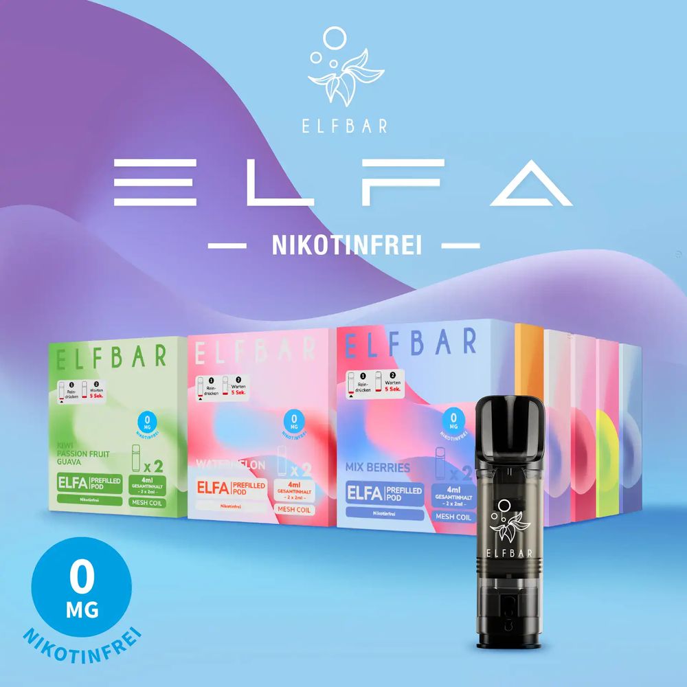 Elfa Pods von Elfbar - alle Sorten - Ohne Nikotin, Werbung, Plakat, Kosmetik, Lippenstift, Visitenkarte