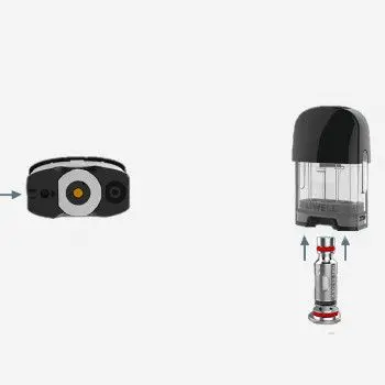 Uwell Caliburn G Verdampferkopf 0,8 Ohm neben transparentem Pod und Einzelteilansicht mit detaillierten Komponenten.