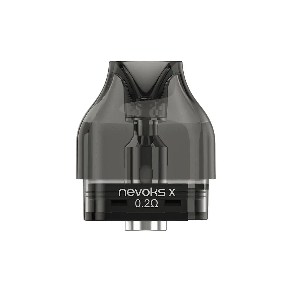 Der Nevoks X Pod 0,2 Ohm in transparenter, dunkel getönter Optik zeigt eine zentrale Spule und den Schriftzug "nevoks X 0,2Ω" am unteren Rand.