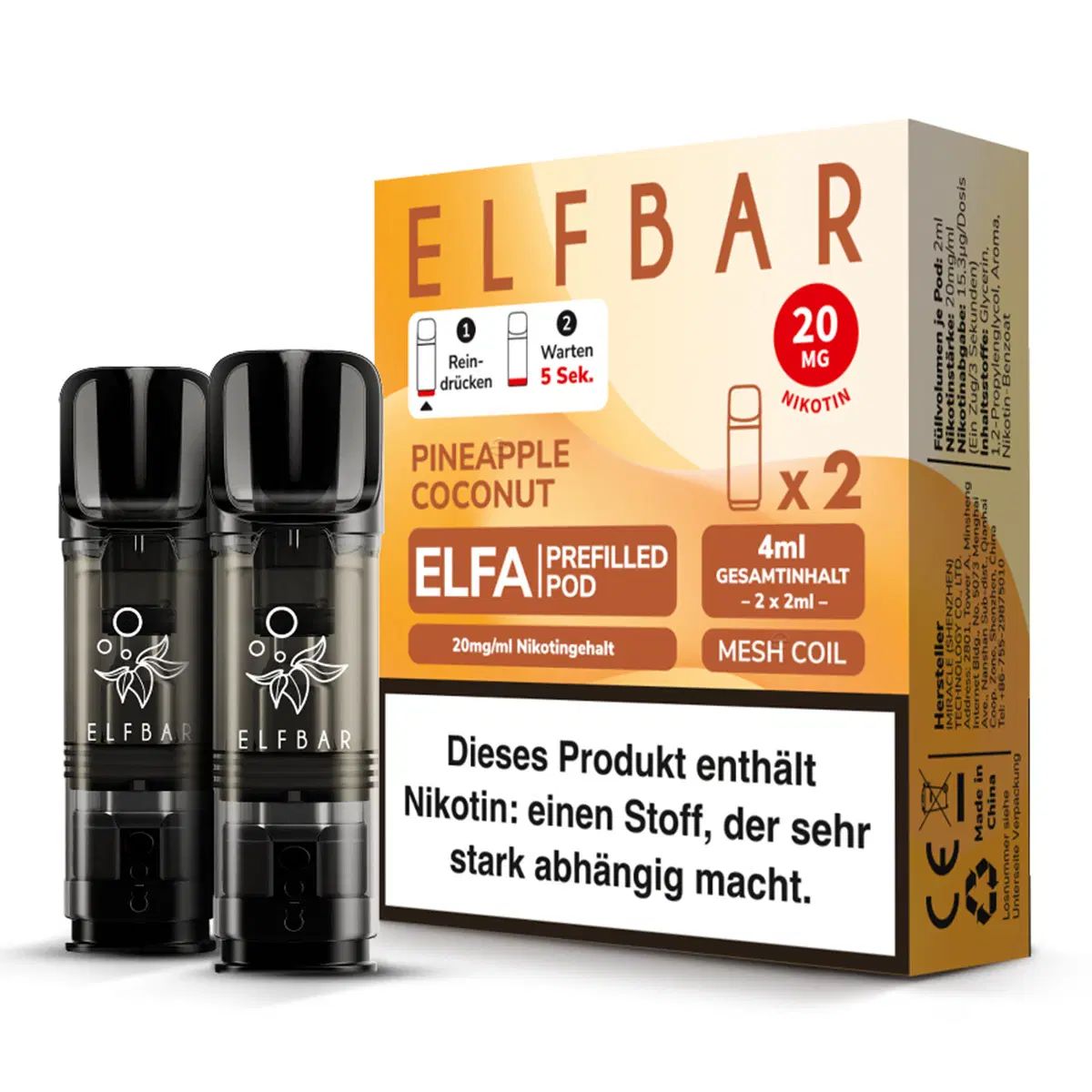 Pineapple Coconut Elfa Pods von Elfbar 20mg, Flasche, Werbung