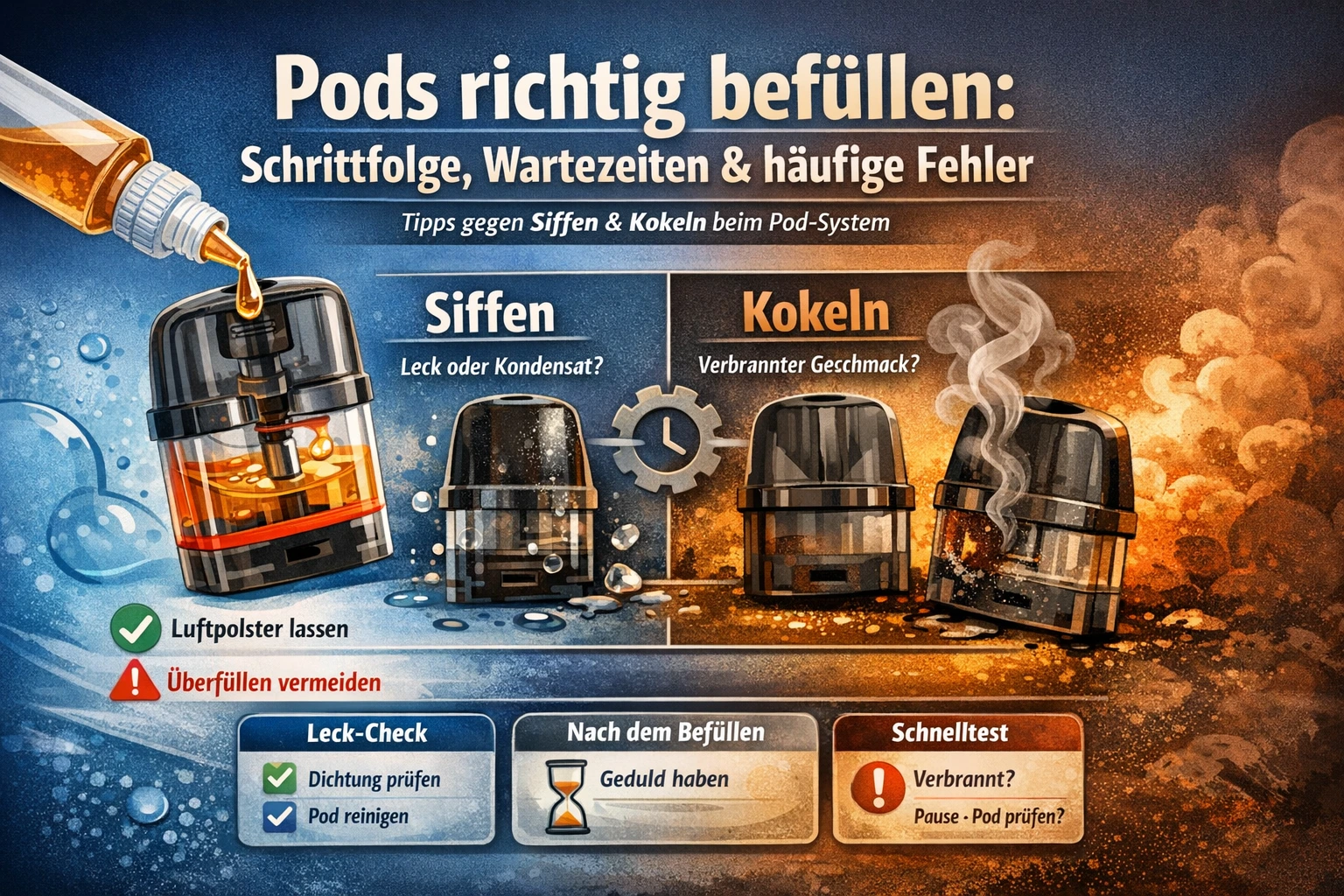 Anleitung zur richtigen Befüllung von Pods mit Fokus auf Vermeidung von Siffen und Kokeln, inklusive Tipps zur Dichtungsprüfung und Geduld nach dem Befüllen.