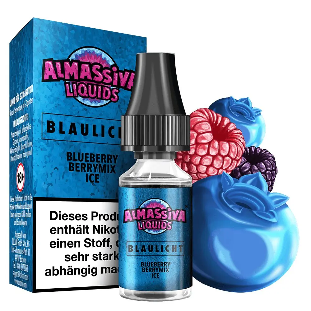 Al Massiva Liquids Blaulicht 17mg Flasche und Verpackung mit Beeren-Dekoration, Text "Dieses Produkt enthält Nikotin" sichtbar.