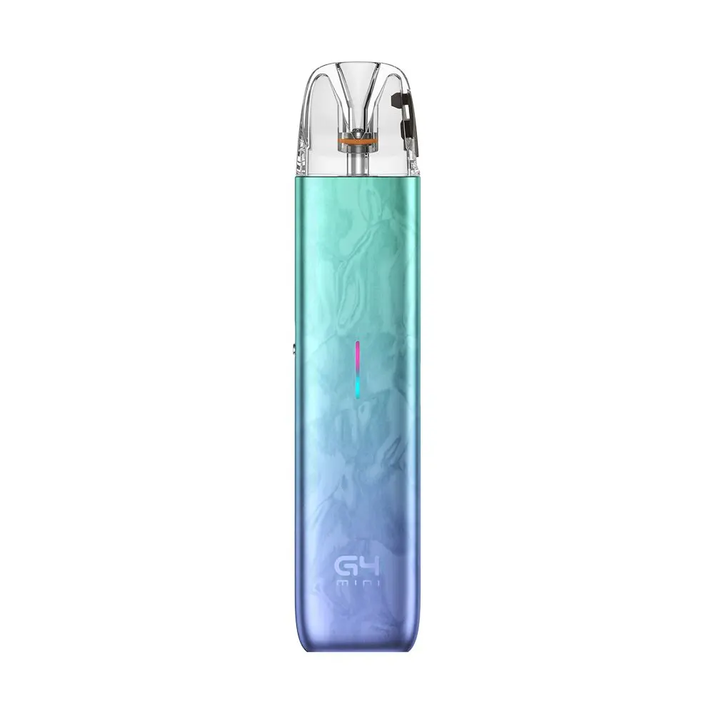 Uwell Caliburn G4 Mini Pod Kit in schillerndem Pfauen-Emerald-Farbverlauf, mit transparentem Mundstück und vertikalem LED-Streifen.