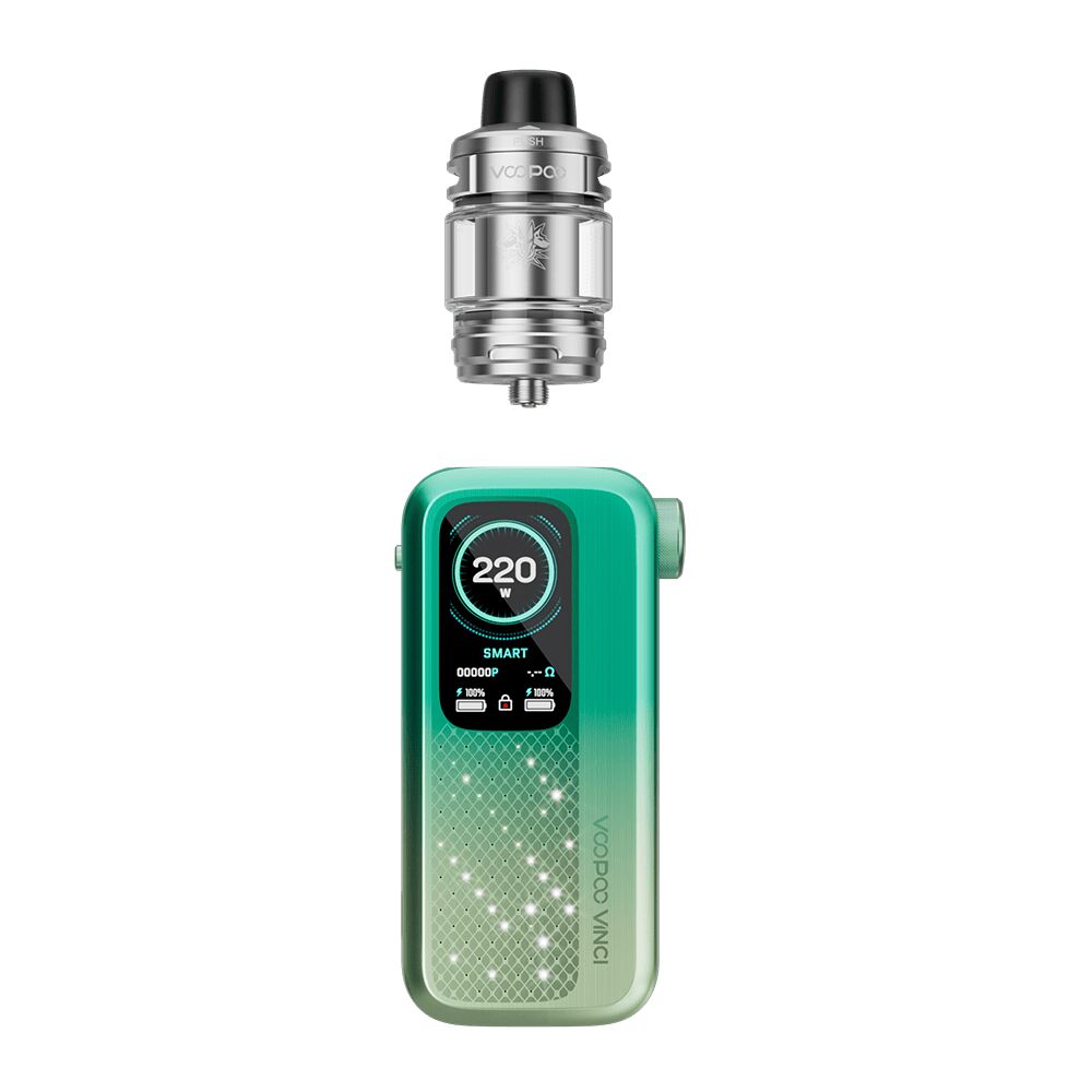 Voopoo Vinci Spark 220 Box Kit in Spring Green, mit einem digitalen Display, darunter ein silberner Aufsatz mit schwarzem Mundstück