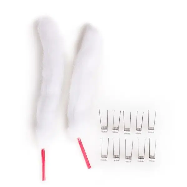 Vapefly TGo RBA 0,6 Ohm Verdampferköpfe mit zwei langen weißen Wattepads und mehreren kleinen Metallspulen auf einer weißen Oberfläche