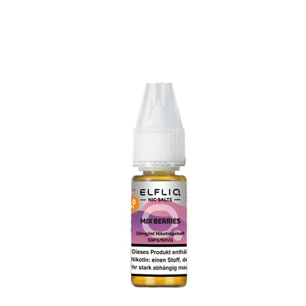 Elfliq Nikotinsalz Mix Berries E-Liquid-Flasche mit 10mg/ml Nikotingehalt und 50PG/50VG-Mischung, etikettiert in Lila und Weiß
