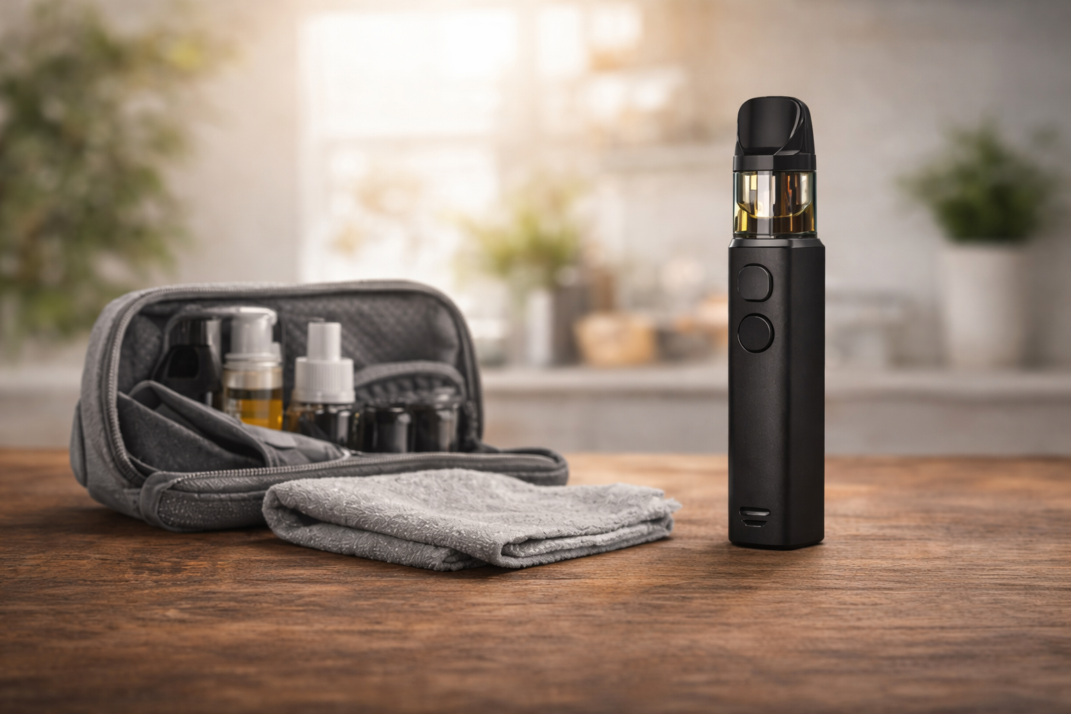 Ein schwarzes Vape-Gerät steht auf einem Holztisch, daneben eine geöffnete Tasche mit mehreren kleinen Flaschen und ein graues Tuch.