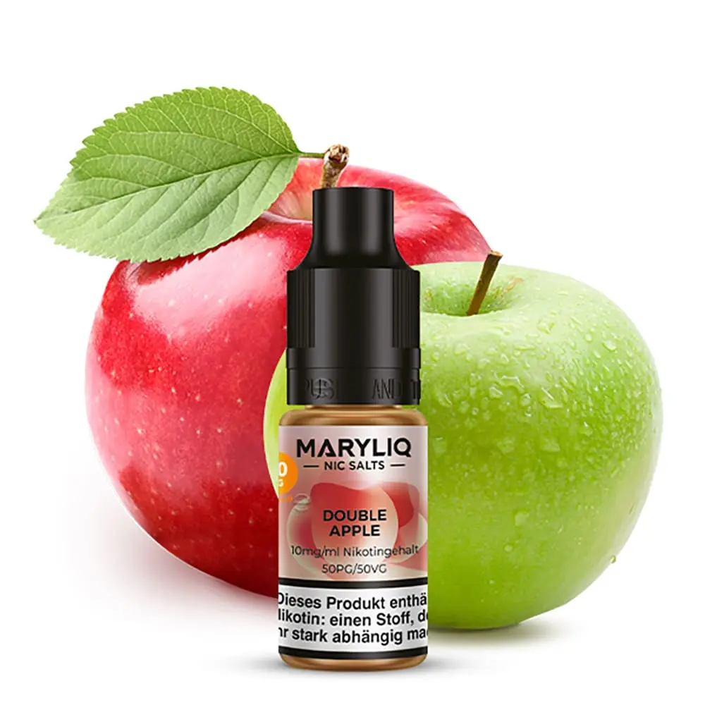 Eine Flasche Maryliq Nikotinsalz Double Apple Liquid vor einem roten und einem grünen Apfel.