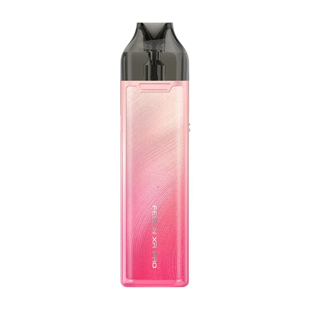 Nevoks Feelin XR Pro Pod Kit in Radiant Rose, ein schlankes, rosa-weißes Vape-Gerät mit transparentem Mundstück, vertikaler Text auf der Vorderseite