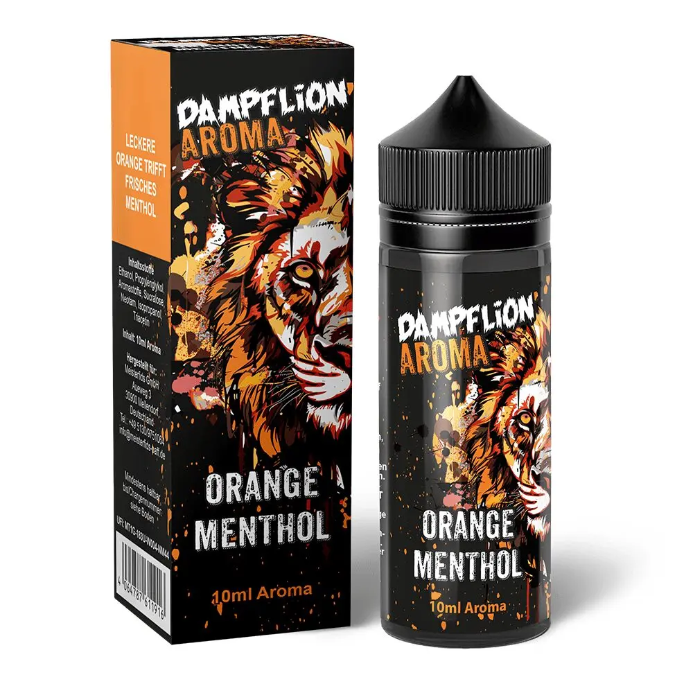Dampflion Aroma Flasche und Verpackung mit Löwenmotiv, Branding in Weiß und Orange, beschriftet mit Orange Menthol 10ml Aroma