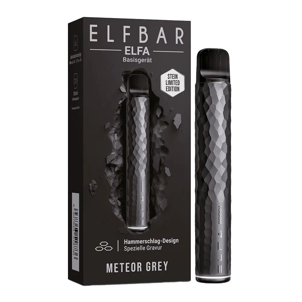 Elfbar ELFA Akku in Meteor Grey Limited Edition mit Hammerschlag-Design und spezieller Gravur, Verpackung mit Sichtfenster.