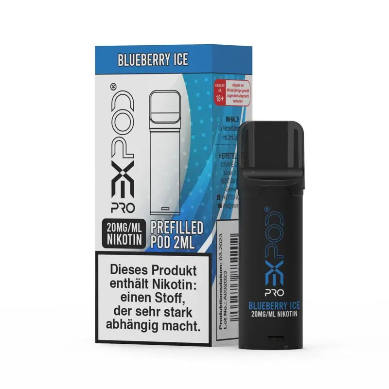 Expod Pro Pods Blueberry Ice 20mg, schwarzer Pod und Verpackung mit sichtbar blauem Branding und Warnhinweis auf Nikotinabhängigkeit