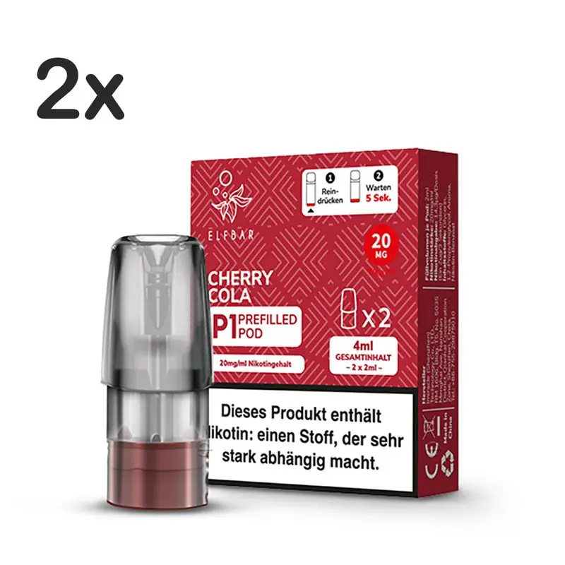 Elfbar Mate 500 P1 Pods Cherry Cola 20mg; Packung zeigt 2 Pods neben der Box mit Nikotinwarnhinweis und Dosieranleitung