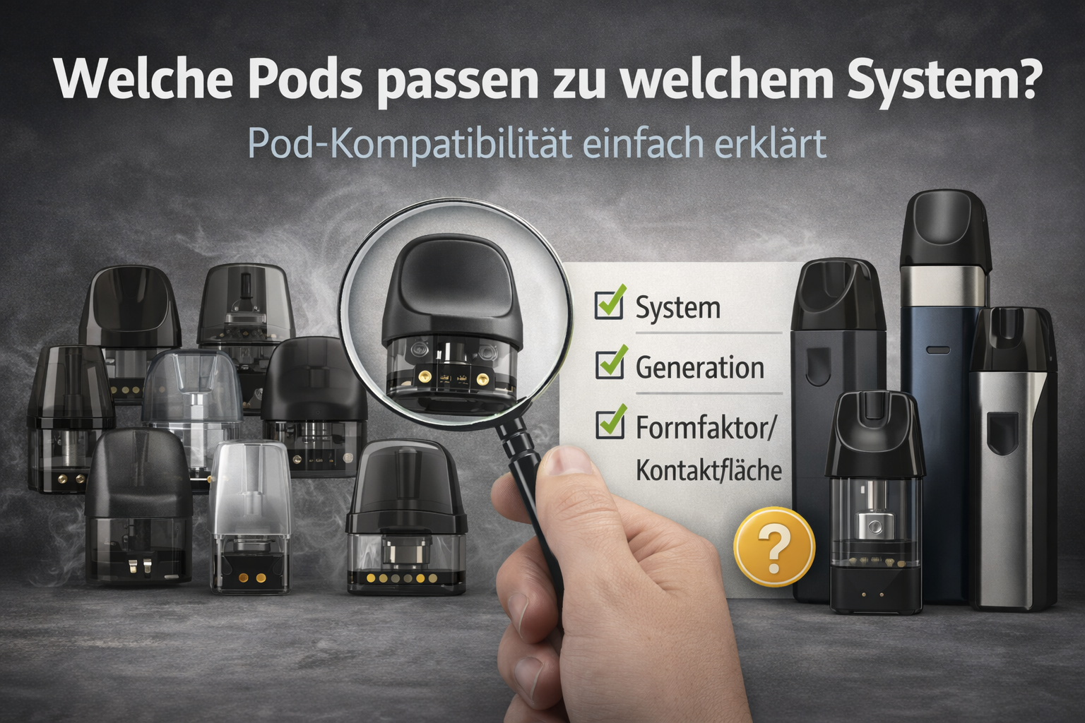 Verschiedene Vape-Pods und -Geräte auf dunklem Hintergrund, eine Hand hält eine Lupe, markierter Text: System, Generation, Formfaktor/Kontaktfläche