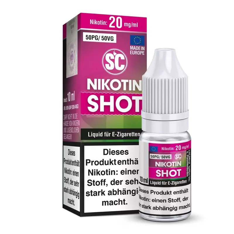 Nikotin Shots 20mg E-Zigaretten-Liquid, 10ml Flasche und Verpackung, Hinweise auf Nikotinabhängigkeit, Made in Europe, 50PG/50VG.