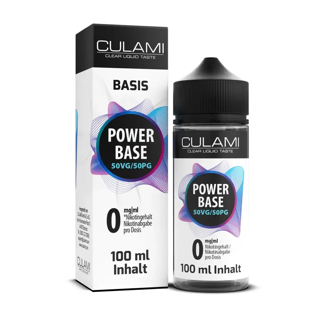 Culami Basis Liquid Power Base 50VG/50PG Flasche und Verpackung mit 0 mg Nikotingehalt, 100 ml Inhalt, klarer Liquidgeschmack.