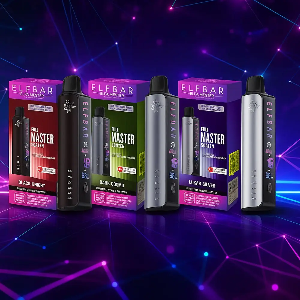Elf Bar ELFA Master Pod Kit in Verpackungen mit den Varianten Black Knight, Dark Cosmd und Lukar Silver vor lila Hintergrund.