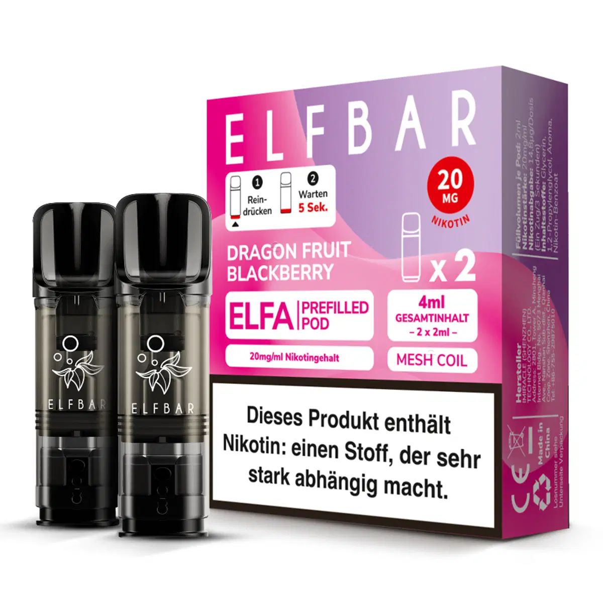 Dragon Fruit Blackberry Elfa Pods von Elfbar 20mg, Werbung, Flasche, Werbung, Flasche