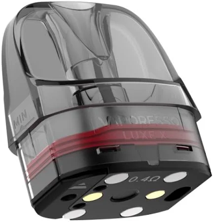 Vaporesso Luxe X Pod mit sichtbarem roten Streifen und „0,4 Ohm“ am unteren Rand, transparentes Gehäuse und erkennbarer Flüssigkeitsstand.