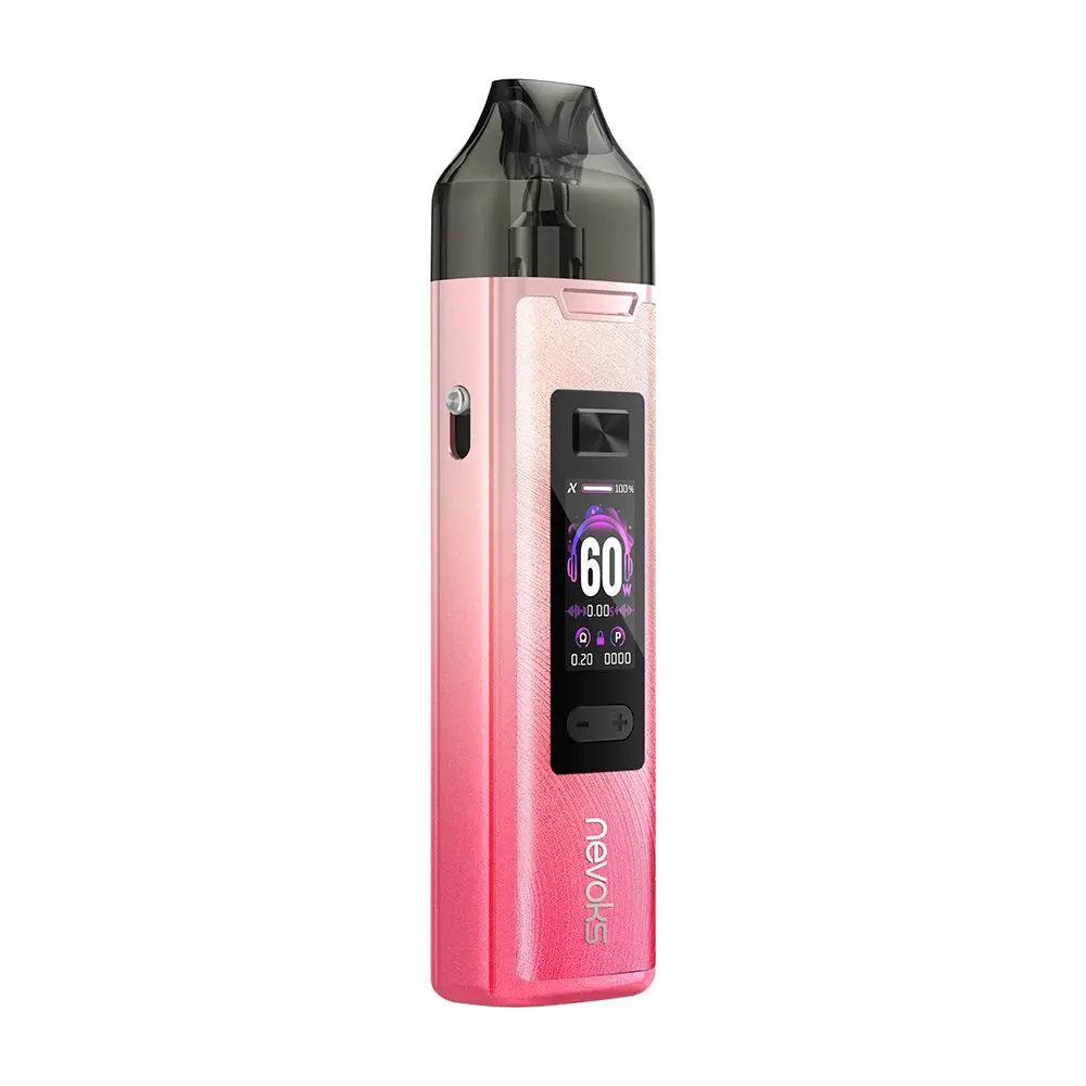 Nevoks Feelin XR Pro Pod Kit in Radiant Rose mit Display, das 60W anzeigt, schwarzem Mundstück und seitlichem Knopf.