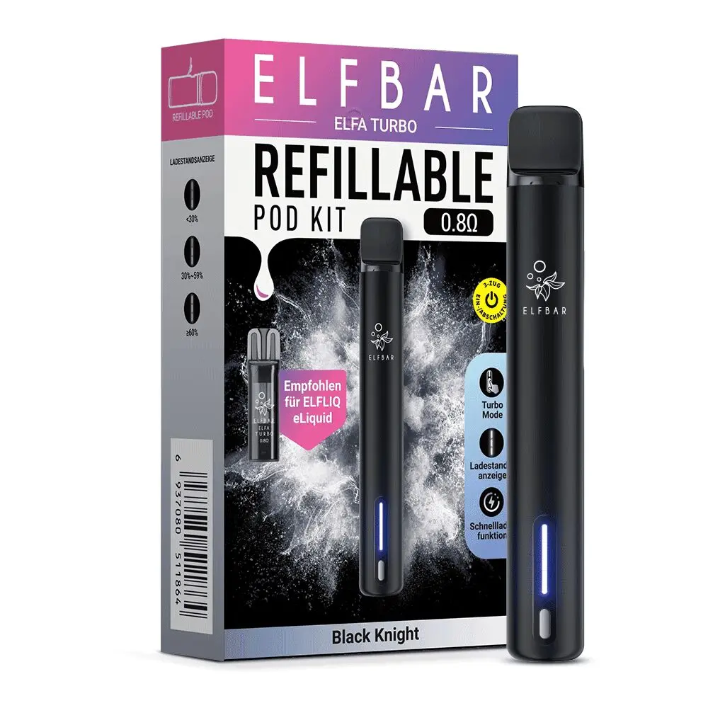 Elfbar ELFA Turbo Pod Kit in Schwarz mit nachfüllbarem Pod, Turbo Mode, Ladestandsanzeige und Empfehlung für ELFLIQ eLiquid.