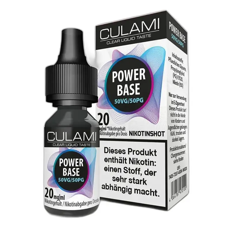 Nikotinshot Flasche und Verpackung von Culami Power Base 50VG/50PG, 20 mg/ml, mit Warnhinweis über Nikotingehalt und Abhängigkeit.