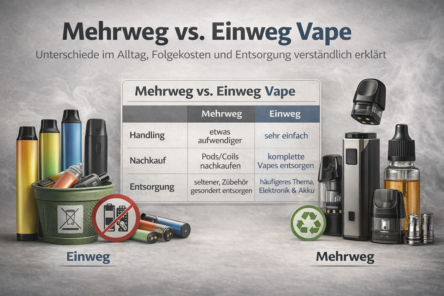 Mehrweg- und Einweg-Vapes im Vergleich, mit grünem Recyclingsymbol für Mehrweg und rotem Symbol für Einweg, daneben ein Infotext.