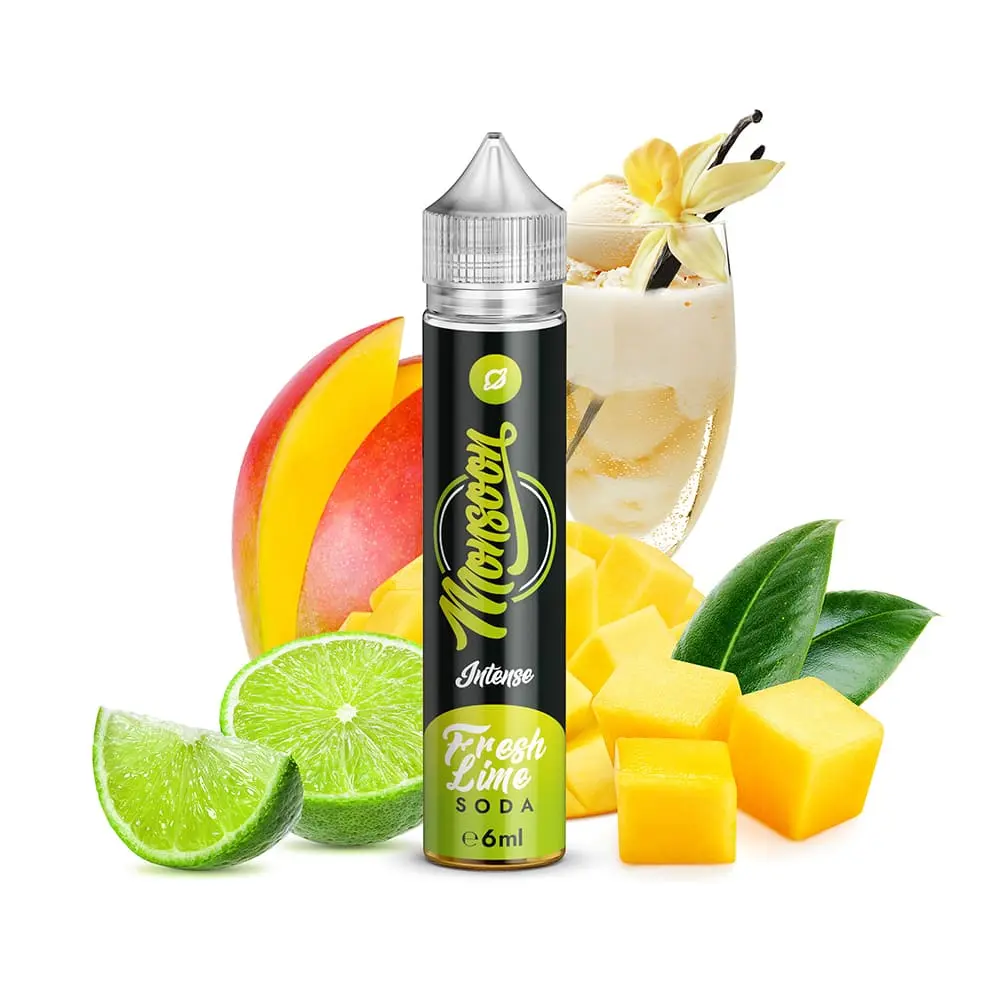 Produkt Monsoon Aroma Fresh Lime Soda 6ml, frische Limetten, Mangowürfel und Vanilleeis, umgeben von grünen Blättern