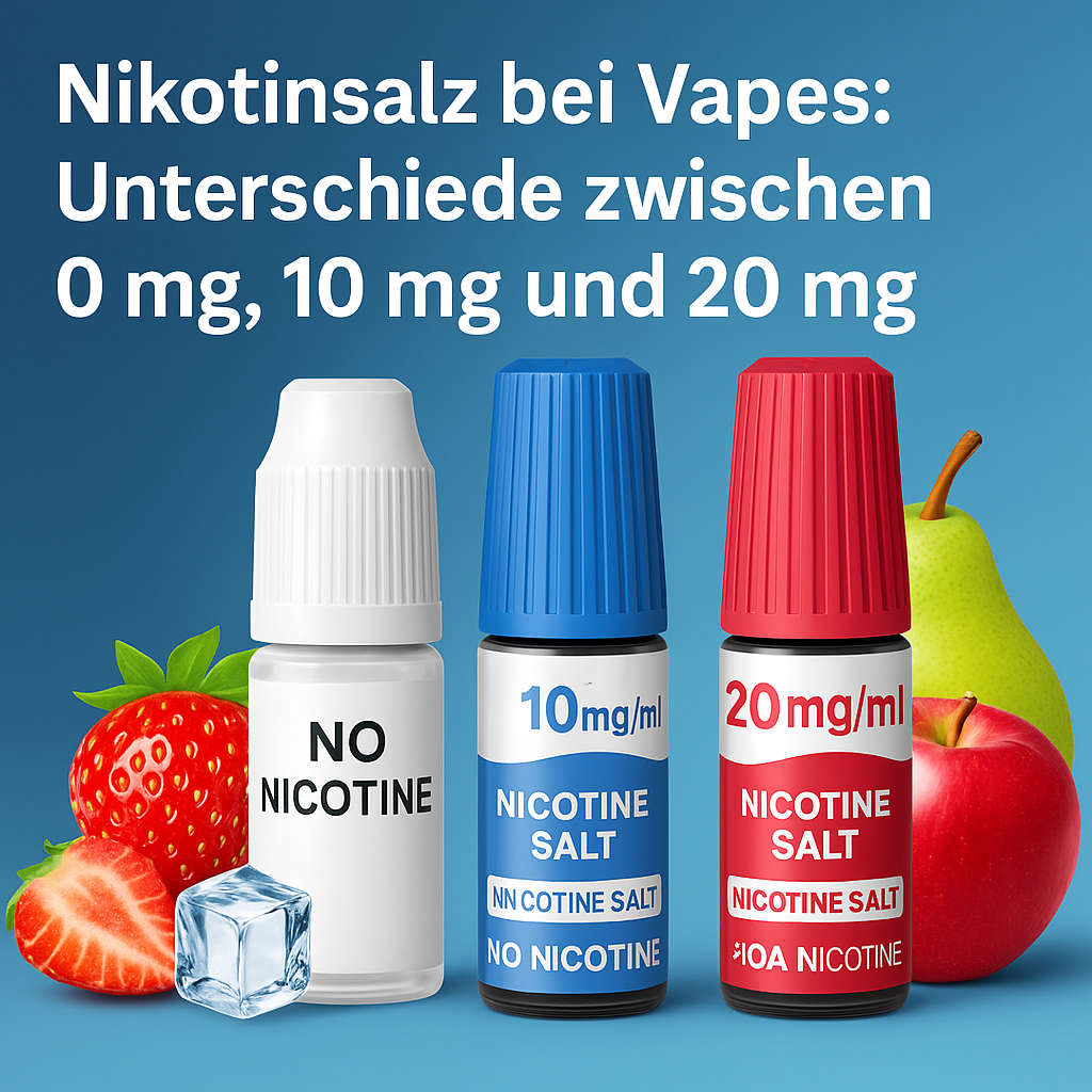 Drei Vape-Flaschen mit 0 mg, 10 mg und 20 mg Nikotinsalz, umgeben von Erdbeeren, Eiswürfeln, Apfel und Birne vor blauem Hintergrund