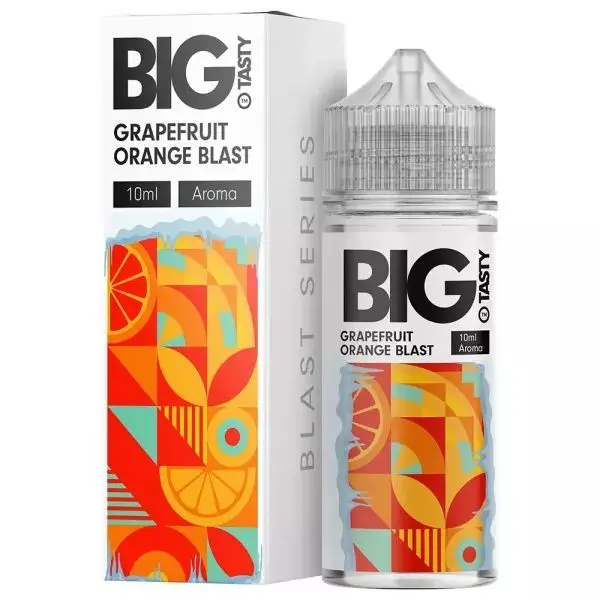 Big Tasty Grapefruit Orange Blast Aroma, 10ml Flasche und Verpackung mit bunten Früchte- und Grafikmustern