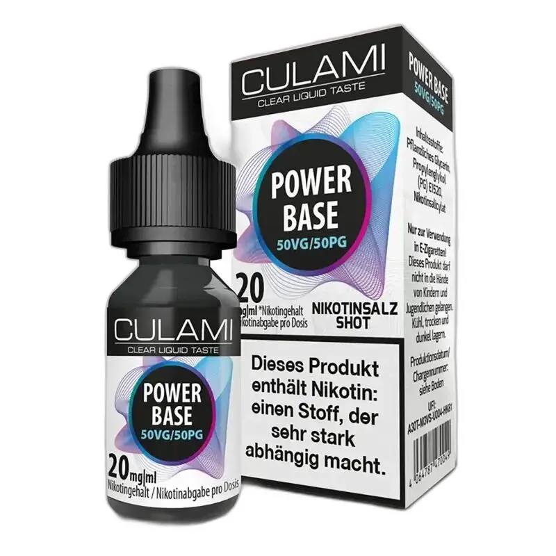 Flasche und Schachtel von Culami Nikotinsalz Shots 50/50 20mg, schwarzer Verschluss, farbige Grafik, Warnungen auf Schachtel.