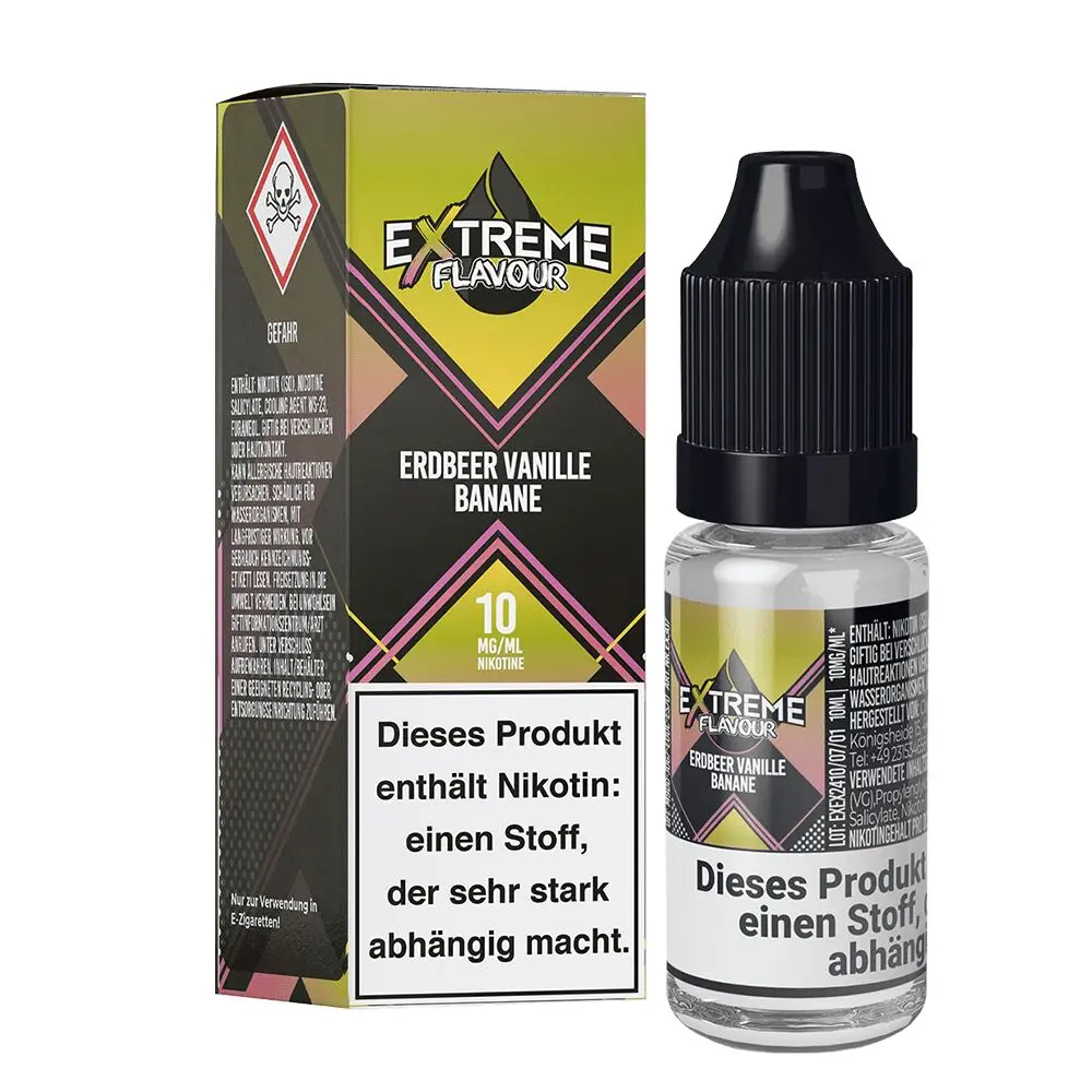 Flasche und Verpackung von "Extreme Flavour" Nikotinsalz mit Erdbeer Vanille Banane Aroma, Nikotinstärke 10 mg/ml, Warnhinweise auf beiden.