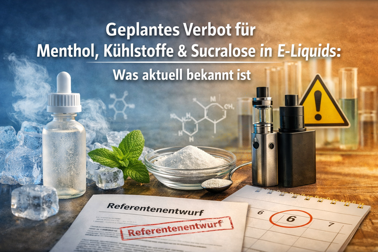 Eine E-Liquid-Flasche, Eiswürfel, Minzblätter, Pulver, eine elektronische Zigarette, ein Warnschild und ein Referentenentwurf-Dokument.